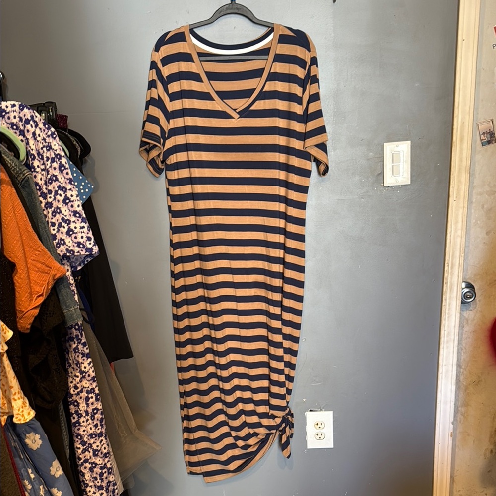Striped V-Neck Dress - Black and Tan